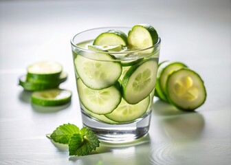 Refreshing glass of clear liquid garnished with thin slices of fresh green cucumber, surrounded by a clean white background and natural light.