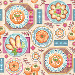 Seamless pattern with decorative plates with delicious pumpkin soup and garlic bread on a beige background. Rustic cottage core repeated surface vector design.	