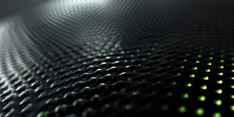 Close-up of an abstract dark metallic surface with green illuminated dots creating a futuristic texture.