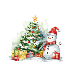 watercolor drawing of a snowman next to a christmas tree.