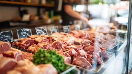 A butcher shop displays fresh meats on its glass counter. These include beef, pork, and lamb.