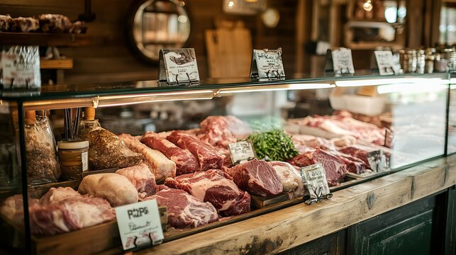 A butcher shop displays fresh meats on its glass counter. These include beef, pork, and lamb.