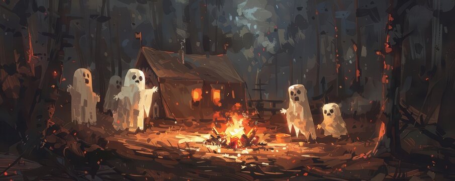 Haunted campsite with ghostly campers and flickering campfire, Halloween, Dark tones, Digital painting, spooky and atmospheric