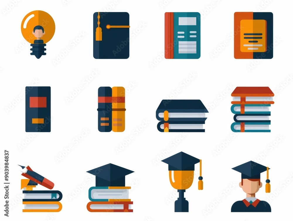 Poster flat design featuring a collection of educational icons on a clean white background representing var