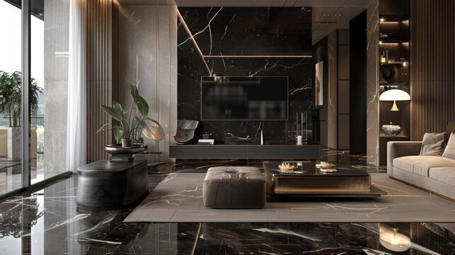 Modern living room with black marble floors and a sleek design.