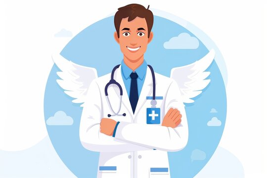 Male doctor with angel wings in a white coat symbolizing compassionate medical care and healthcare services.