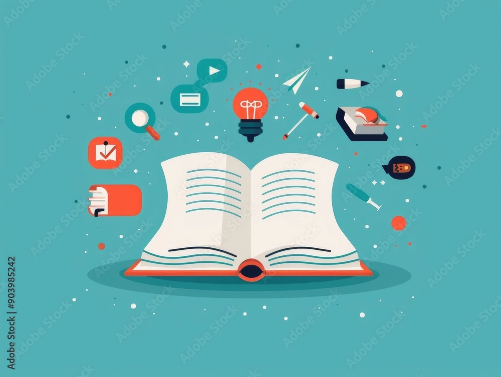 Poster flat depicting an open book surrounded by various educational icons such as a lightbulb graduation c