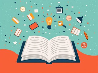 Vibrant flat design depicting an educational learning concept featuring an open book surrounded by various academic icons and symbols such as a light bulb graduation cap globe and more