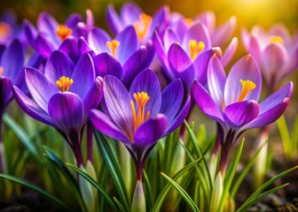 Naklejka premium Richly toned, velvety purple crocus blooms, adorned with golden yellow stamens, unfurl amidst lush, emerald greenery, bathed in soft, muted light, evoking a sense of mystique and nostalgia.