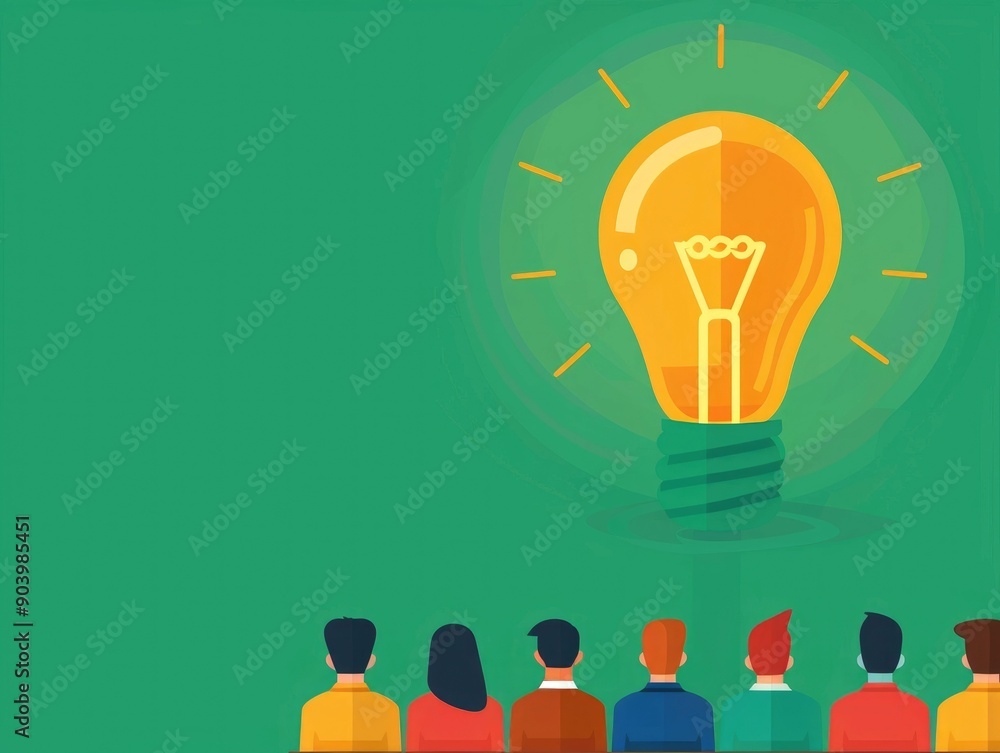 Poster depicting a glowing light bulb symbolizing an idea surrounded by a group of students in a classroom 