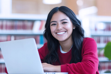 Hispanic student girl happy study using laptop at school library