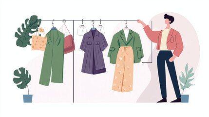flat vector illustration of a male stylist assistant in his thirties hanging a women clothe collection in a boutique