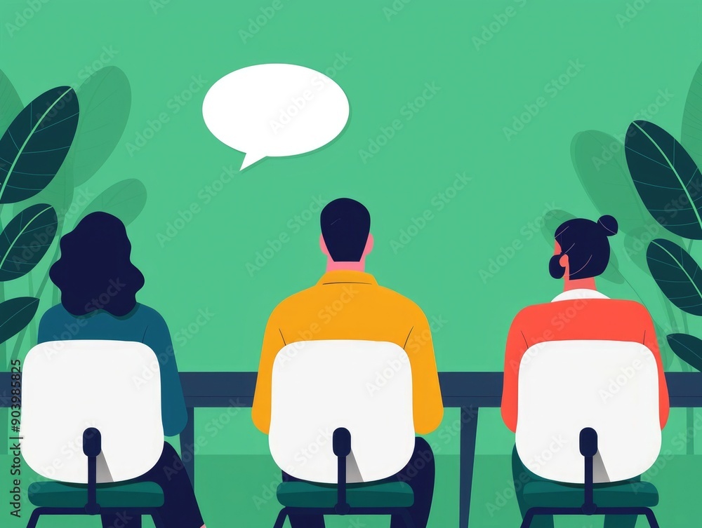 Poster flat depicting a group of diverse students engaged in a collaborative discussion within a classroom 