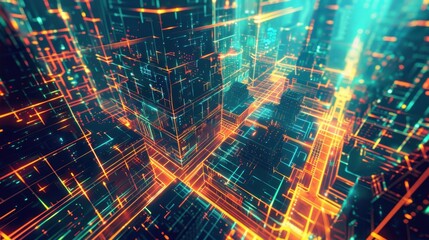 Fototapeta premium Futuristic Neon Cityscape with Digital Network Lines