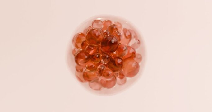 3D animation of the process of cell division, mitosis, and technologies in reproductive medicine. It shows the increasing number of transparent orange balls, representing embryonic stem cells and canc