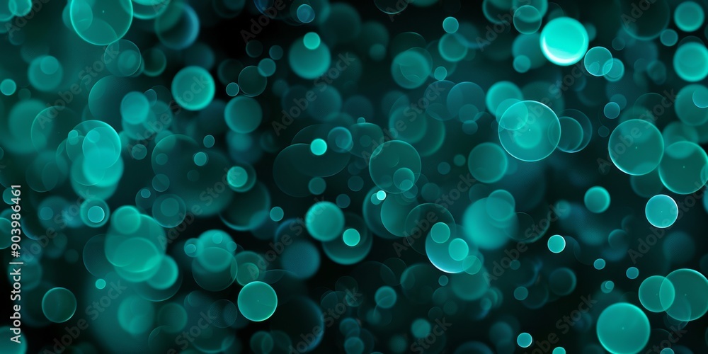 Poster teal abstract bokeh background with circular light effects and blurry bubbles, ideal for a calming a