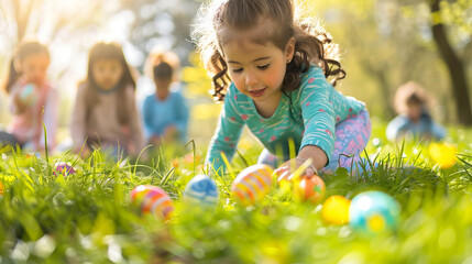 colorful Easter egg hunt in a park, with children running around