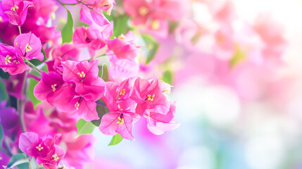 Fototapeta premium Floral backdrop with vibrant pink bougainvillea flowers in soft sunlight, capturing their delicate beauty. Concept of tropical elegance, natural serenity, and floral charm. Copy space