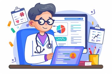 Male doctor with glasses working on a computer symbolizing medical technology and healthcare management.