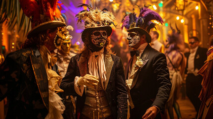 a festive Mardi Gras masquerade ball, with guests in elaborate masks and costumes