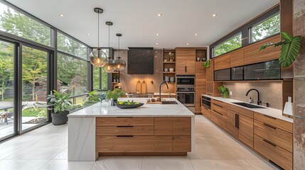 Contemporary Kitchen with Wooden Accents. Elegant contemporary kitchen featuring wooden cabinetry, a large island, and floor-to-ceiling windows, offering a bright and airy feel.