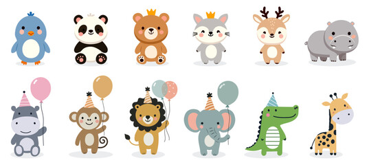 A collection of cute baby animals on a white background, suitable for children's products, prints, wallpapers, covers, prints on clothes