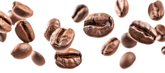 Coffee Beans Floating Isolated on White Background, Roasted Coffee Beans, Fresh Coffee Grounds, High-Quality Arabica Beans, Coffee Lover's Delight, Aromatic Beans, Coffee Ingredient, Culinary Element