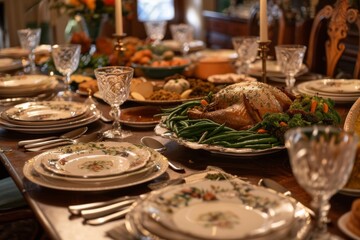 Fototapeta premium aesthetic photo of beautifully decorated table with turkey and other traditional thanksgiving dishes