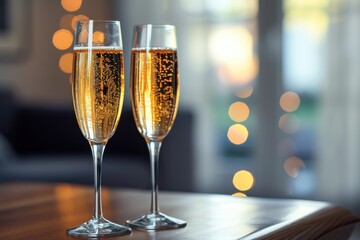 Glasses of champagne or sparkling wine on table. Celebration concept. Generated AI
