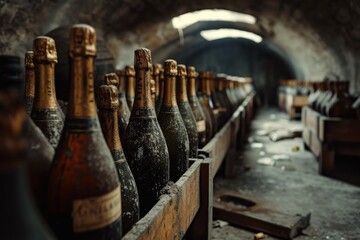 Champagne factory storehouse in old cellar. Bottle of sparkling wine in cellar. Winery production. Generated AI