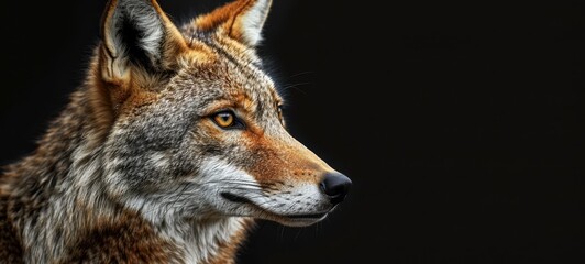 Fototapeta premium Side profile of a coyote. Detailed side profile of a coyote against a black background, showcasing its sharp features, keen eye, and natural beauty in a dramatic wildlife portrait.