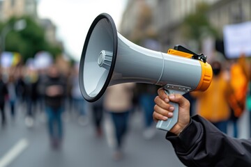 Closeup view of hand holding megaphone or loudspeaker. on street. Speaker on blurred city background. Protest and meeting concept. Generated AI