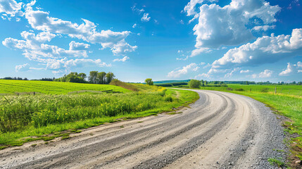 Obraz premium Country Gravel Road through Green Wheat Fields, Natural Landscape, Blue Sky with Clouds, Rural Scenery, Agricultural Area, Countryside Road, Scenic Farmland, Beautiful Outdoor View