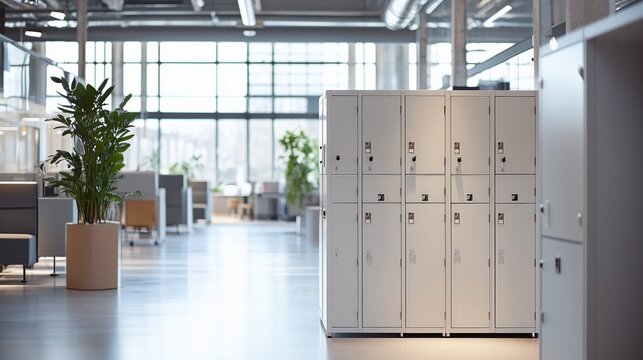 Modern Office Storage Solutions: Personal Lockers in Open Plan Office Setting. Efficient and Organized Workspace with Sleek Locker Design for Secure Personal Storage, Enhancing Employee Productivity.