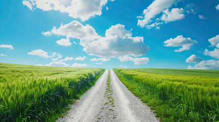 Obraz premium Country Gravel Road through Green Wheat Fields, Natural Landscape, Blue Sky with Clouds, Rural Scenery, Agricultural Area, Countryside Road, Scenic Farmland, Beautiful Outdoor View