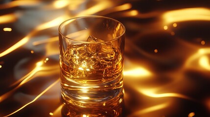 A shimmering whiskey glass, filled with the rich golden spirit.