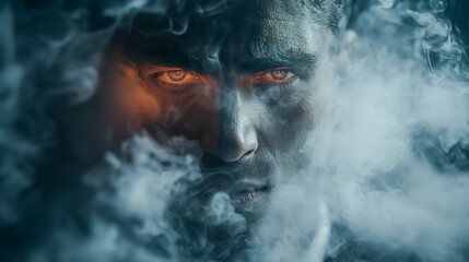 A man with a pale face and a dark beard is surrounded by a cloud of smoke. The smoke is thick and hazy, creating a sense of mystery and intrigue. The man's eyes are wide open