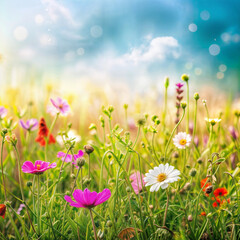 Flowers in the meadow. Flower meadow in the morning. Magical wildflowers at sunrise. Selective focus. AI generated