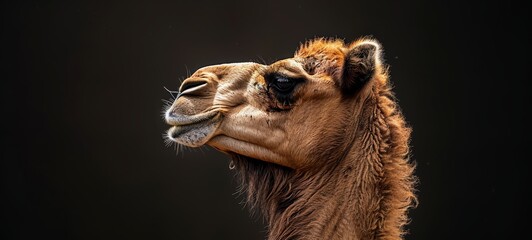 Camel side profile. Side profile of a dromedary camel against a black background, showcasing its distinctive features and textured fur, creating a striking and regal portrait.