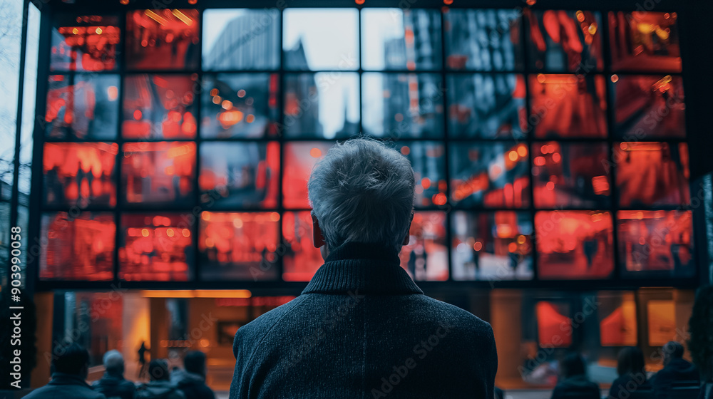 Poster a man is standing in front of a large window with a red background. he is looking at the window, whi