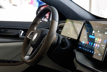 Close-up of the steering wheel of a new energy electric car