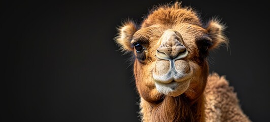Fototapeta premium Camel facing forward. Forward-facing portrait of a dromedary camel highlighting its unique facial features, expressive eyes, and textured fur against a dark background for a dramatic effect.