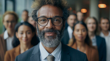 A man with glasses and a beard stands in front of a group of people. The man is smiling and he is the center of attention. The group of people are standing behind him, with some of them wearing ties