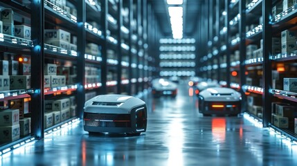 Fototapeta premium A futuristic warehouse where AI-powered robots sort and manage inventory. The robots move efficiently through the aisles, picking and placing items. The image showcases the integration of AI in