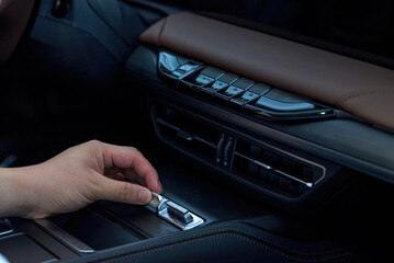 Close-up of the interior and center console of a new energy electric car