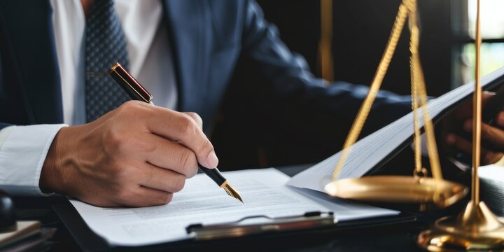 A lawyer is diligently writing legal documents, using a pen, while having the emblematic scales of justice prominently placed on their desk, a symbol of fairness and the legal system they uphold
