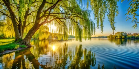 Serene lake scene showcasing a willow tree's tender sprouts growing by the water's edge, bathed in warm sunlight illuminating gentle ripples on the lake surface.