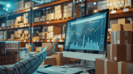 A person analyzing data trends on a computer screen in a warehouse, with shelves of boxes in the background.