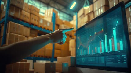 A hand pointing at a digital screen displaying data analysis in a warehouse, surrounded by shelves filled with boxes.