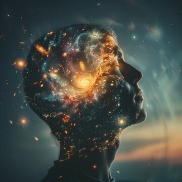 A profile view of a person with a universe and swirling galaxy within their head, representing limitless imagination and cosmic connection.